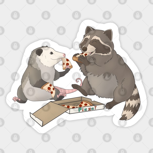 Possum and Raccoon eating pizza Sticker by Mehu Art